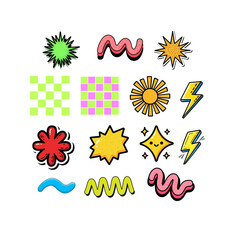 Obraz premium A fun collection of hand-drawn doodle stickers including lightning bolts, stars, sunbursts, floral shapes, wavy lines, and retro checkerboard patterns. Bright pop art style with bold outlines, texture