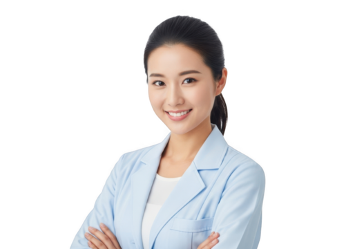 Young asian female medical professional with a friendly smile wearing a white lab coat arms crossed isolated on transparent background