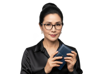 Professional asian woman wearing glasses and headset holding a small blue device isolated on transparent background