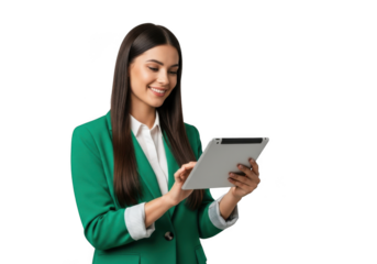 Smiling young professional woman in a green blazer holding and interacting with a digital tablet device isolated on transparent background