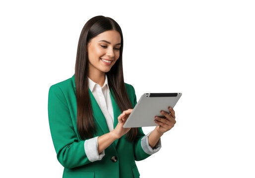 Smiling young professional woman in a green blazer holding and interacting with a digital tablet device isolated on transparent background