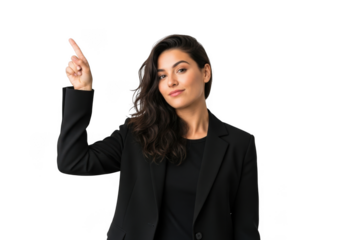 Professional woman in a black blazer pointing upwards with her index finger isolated on transparent background