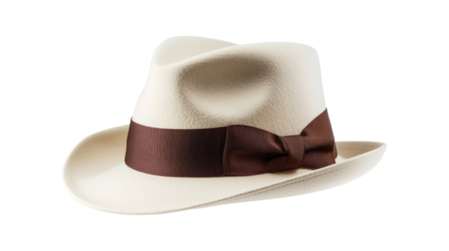 A hat with a brown ribbon tied around it, isolated on a transparent background