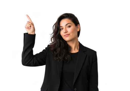 Professional woman in a black blazer pointing upwards with her index finger isolated on transparent background