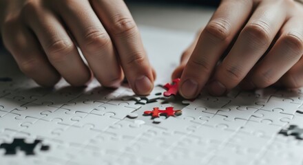 Close up of hands carefully assembling a jigsaw puzzle on a patterned surface