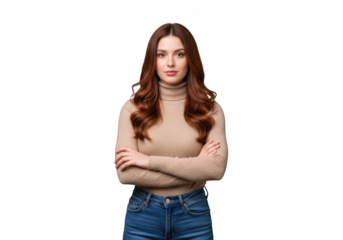 Portrait of a young woman with long wavy red hair wearing a turtleneck and jeans arms crossed isolated on transparent background