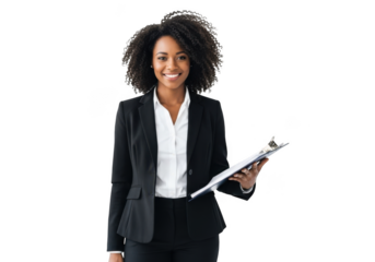 Smiling african american businesswoman in a professional suit holding a clipboard isolated on transparent background