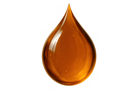 Golden viscous liquid drop with subtle highlights, dripping or falling, on transparent background for easy integration
