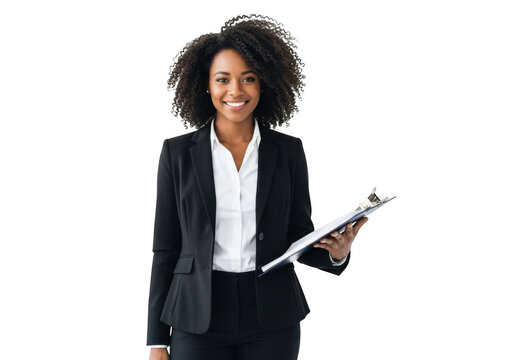 Smiling african american businesswoman in a professional suit holding a clipboard isolated on transparent background - Powered by Adobe