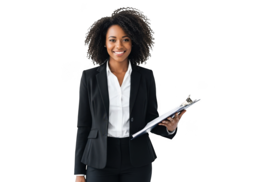 Smiling african american businesswoman in a professional suit holding a clipboard isolated on transparent background