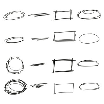Ensemble de cercles dessin&eacute;s &agrave; la main. Ovales et rectangles gribouill&eacute;s, imitation rature au crayon
