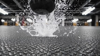 kettlebell striking wet gym floor, cinematic 4k capture; reflective iron kettlebell drops onto textured rubber mat, water burst and droplets scatter under industrial lights, gritty training