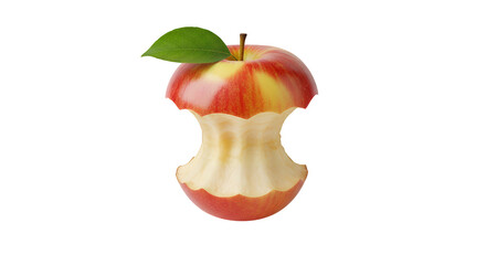 A freshly bitten red and yellow apple core with a single green leaf, symbolizing a healthy snack or food waste, isolated on a clean transparent background