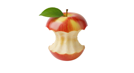 A freshly bitten red and yellow apple core with a single green leaf, symbolizing a healthy snack or food waste, isolated on a clean transparent background