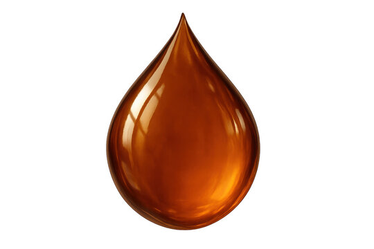 Golden liquid droplet showing reflection and smooth surface, representing oil, honey, or syrup on transparent background