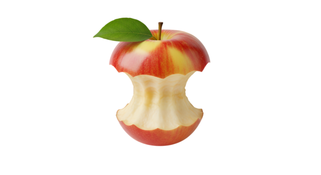 A freshly bitten red and yellow apple core with a single green leaf, symbolizing a healthy snack or food waste, isolated on a clean transparent background