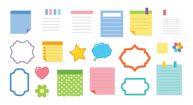 Collection of colorful sticky notes and paper memo pads with decorative elements for planning and organization