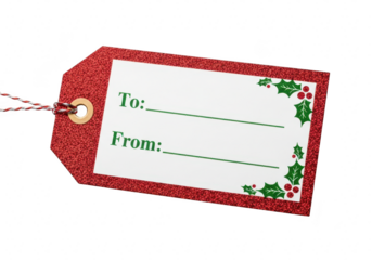 Red glitter gift tag with holly berry accents blank label for personalized christmas presents, perfect for adding a festive touch to your gifts isolated on a transparent background	