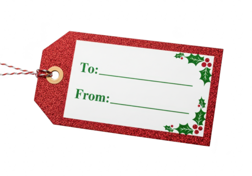 Red glitter gift tag with holly berry accents blank label for personalized christmas presents, perfect for adding a festive touch to your gifts isolated on a transparent background	