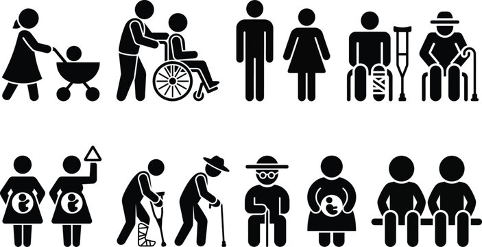 Human life stages, conditions, and diverse people icon set on white