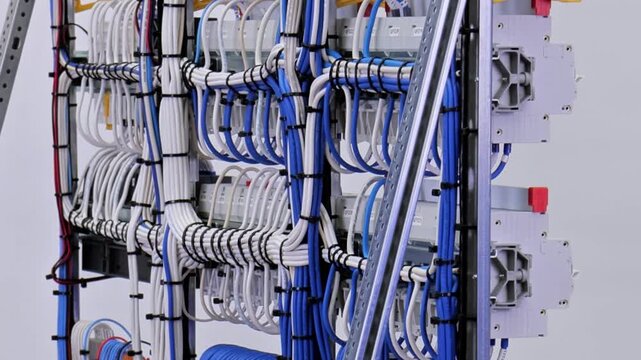 The reverse side of the electrical switchboard. The connected wires are tied with plastic ties.