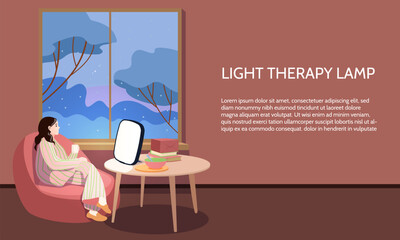 Woman in striped pajamas using light therapy lamp by winter window for seasonal affective disorder treatment in cozy room interior banner