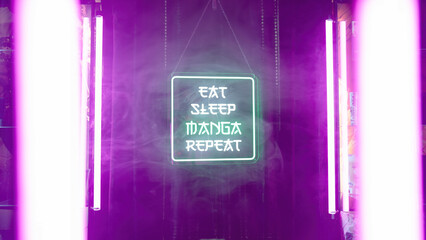 Neon sign Eat Sleep Manga Repeat between neon tubes on black background and smoke