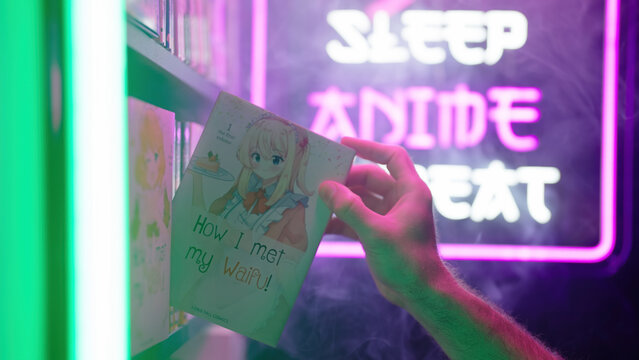 Hand pick a manga comic with cute anime maid girl from shelf with futuristic neon sign Eat Sleep Anime Repeat in background
