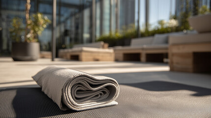 Rolled yoga mat on rooftop terrace with modern furniture
