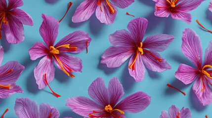 Saffron flowers blossom in a pattern, vivid purple petals, yellow stamen, blue