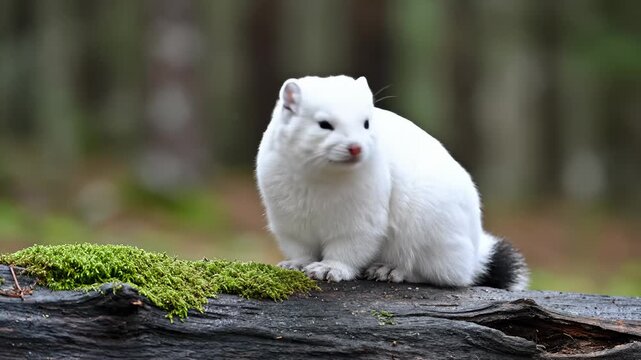 White Stoat Sits on a Log Covered With Moss in the Forest