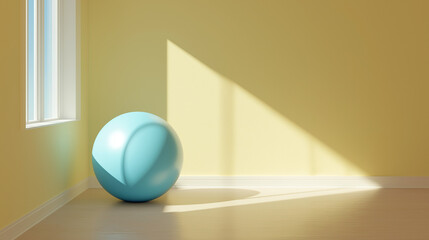 Minimalist room interior with blue exercise ball and sunlight through window