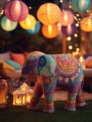 Decorative Elephant Illuminated by Colorful Lanterns During a Vibrant Night Celebration