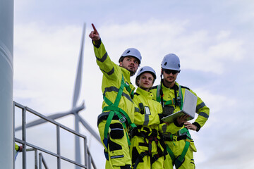 Engineers Discussion Blueprint Wide View Wind Farm Project. Future Grid Development Planning Huge...