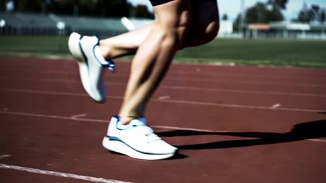Closeup of a runners legs while running on a college school track landscape background during a warm sunny day