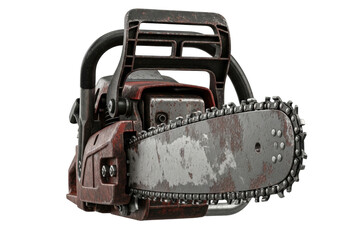 Old rusty chainsaw PNG isolated on transparent background, vintage power tool for cutting wood and forestry work