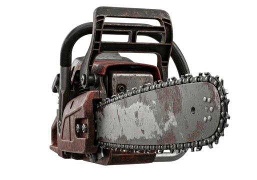Old rusty chainsaw PNG isolated on transparent background, vintage power tool for cutting wood and forestry work