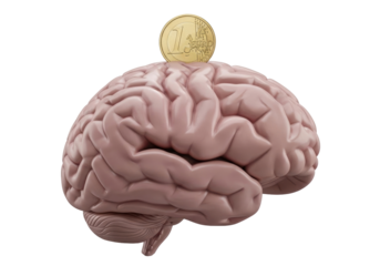 Human brain with one euro coin isolated PNG, concept of investing in knowledge and education, financial intelligence and money management