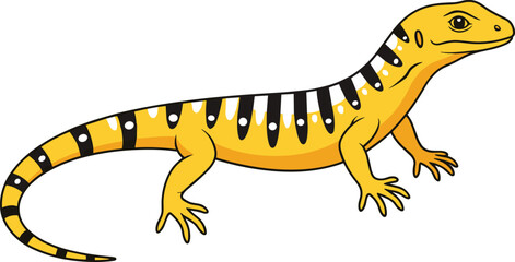 Cartoon lizard with striped tail and spotted body, vector illustration for wildlife education, stylized reptile concept, and nature awareness