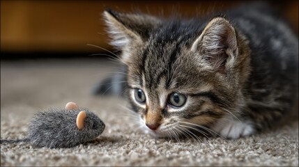 Kitten Focused on Toy Mouse, Showing Intense Hunting Behavior and Curiosity in Cozy Indoor Setting