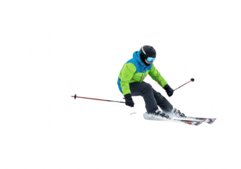 A skier in action on a snowy slope, the skier is wearing a green and blue jacket, black pants, and a helmet, enjoying a winter day isolated on a transparent background	