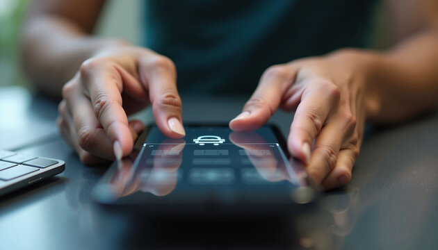 Using smartphone at work with focus on fingers touching screen. Smartphone for communication or entertainment is used by woman at office desk. - Powered by Adobe