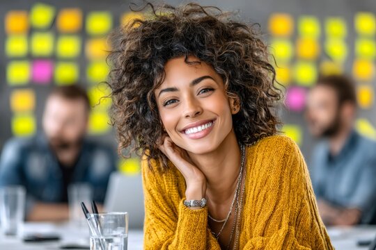 Happy young woman smiling in bright office