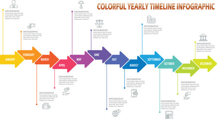 Colorful Yearly Timeline Infographic With Arrow Milestones From January To December for Business Planning, Annual Report, and Project Schedule