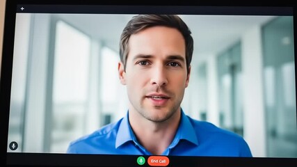Modern Business Young Man on Video Conference in Bright Office Interior.