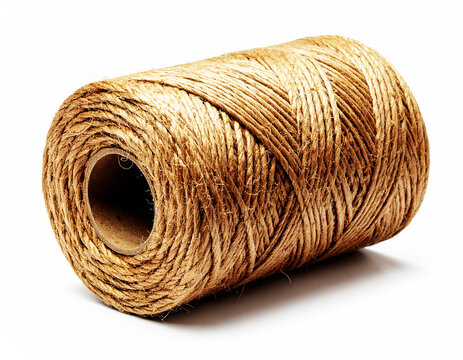 Roll of natural brown jute twine string on white background for crafts and packaging uses