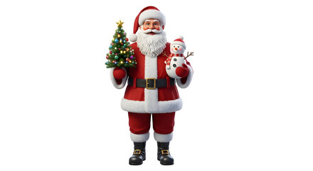 Fototapeta premium Santa claus holding christmas tree and snowman isolated on transparent background