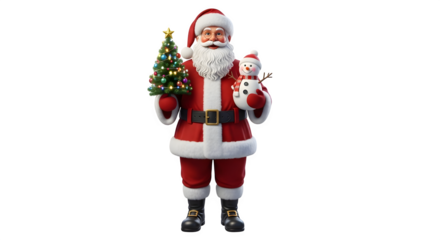 Santa claus holding christmas tree and snowman isolated on transparent background