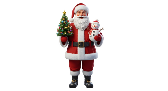 Santa claus holding christmas tree and snowman isolated on transparent background