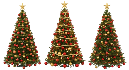 Three decorated christmas trees with red and gold ornaments and stars on top, isolated on transparent background
